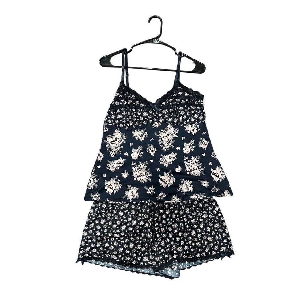 Womens Navy Floral Print Camisole & Shorts Pajama Set Size Large Loungewear